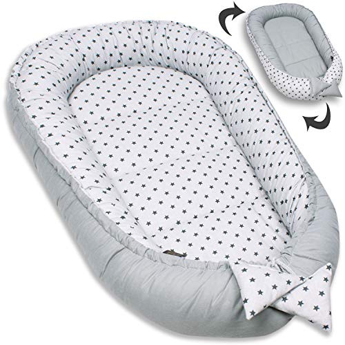 PaLulli nido per bebè nido per bebè 50x90 cm bozzolo, 2 lati, 100% cotone, nido per lettino, nido per coccole, cuscino, lettino da viaggio per neonati e bambini (stella C)