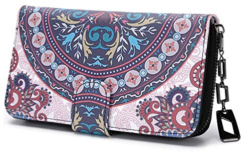 Geldbeutel Damen groß im Langformat, Geldbörse mit Blumen und Blüten Muster im Mandala und Ethno Stil, Portemonnaie mit Reißverschluss und Druckknopf und vielen Fächern (Mandala Offwhite).