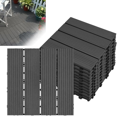 Froadp WPC Fliesen Set, 30x30 cm WPC Terrassenfliesen Klickfliesen, Holz Kunststoff Bodenbelag mit Drainage, Wasserdicht & Rutschfest, Korrosionsbeständig für Balkon & Terrasse, 3m², Anthrazit