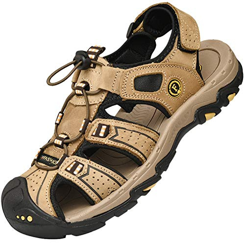 Lvptsh Men's Sports Outdoor Sandals Closed Toe Summer Beach Shoes Leather Casual Trekking Hiking Outdoor Sandals