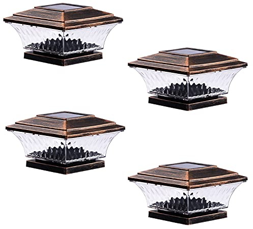 HUYIENO Solar Post Cap Lights Outdoor LED Lighting Deck Fence Cap Light Two Light Modes Warm White/Bright White Suitable for 4x4 Wooden Posts Brushed Copper 4PK
