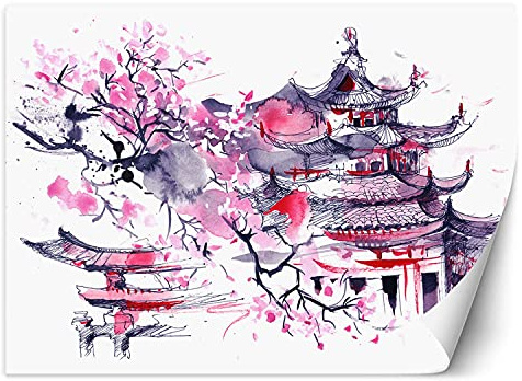 Feeby Papier Peint Intisse Fleur De Cerisier Japon 400x280 cm rose Déco Murale Trompe L' Oeil Tapisserie Moderne Salon Chambrea' Coucherr Salle De Bain Cuisine Pagode Aquarelle