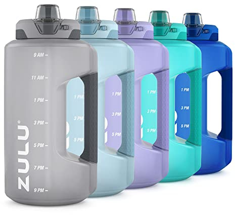 ZULU Goals 64oz Large Half Gallon Jug Water Bottle with Motivational Time Marker, Covered Straw Spout and Carrying Handle, Perfect for Gym, Home, and Sports, Grey
