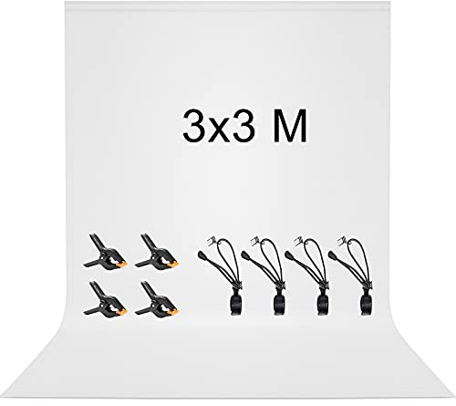 3 x 3 M Backdrop, Vevelux Vit Backdrop med 8 Anti-Crease Clips, 100% polyester vikbar tvättbar hållbar vit skärm för fotografering, video, kamera, foto, videoinspelning