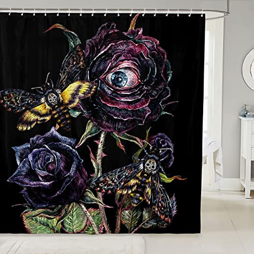 Dödsmalte duschdraperi med antimögel exotiska rosenblommor duschdraperier vattenavvisande gotisk fjärilskalle, tvättbara duschdraperier av polyester, badgardin med 12 krokar. 180 x 210 cm