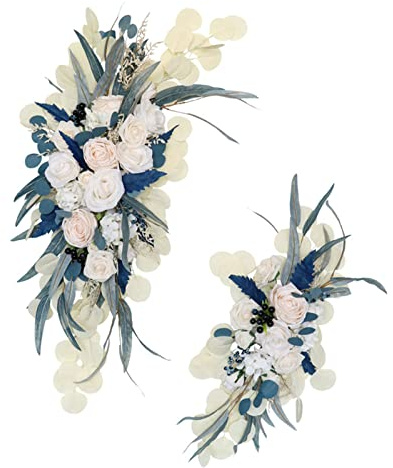 KWQBHW Kit di 2 fiori artificiali per archi nuziali, peonia, rosa, swag per arco nuziale, champagne e blu floreale, decorazione per ricevimenti di nozze