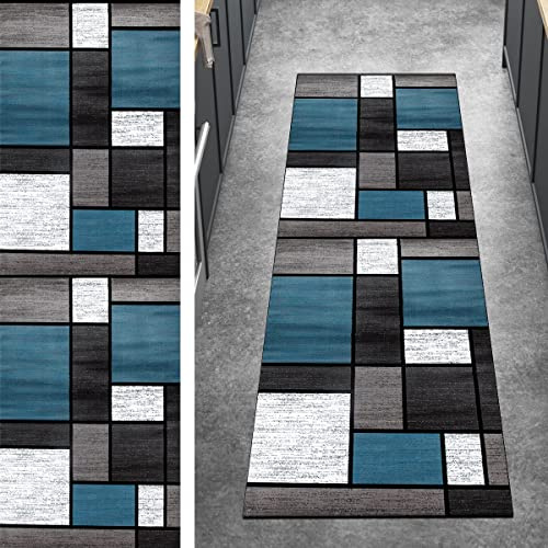 Ymural Teppich Läufer Flur Lang Teppichmatten Patchwork 70x250CM Grau Blue Kücheläufer rutschfest Meterware Teppichläufer Waschbar Kurzflor Polyester Korridor, Breite 40-120cm