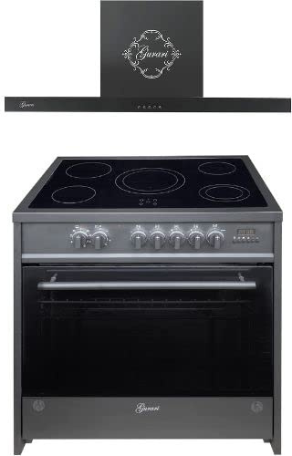GURARI Herdset Elektro-Standherd GCH E 912 BL + GCH 461 BL 9, Backofen Set 90 cm, 121 L, Schwarz + Dunstabzugshaube 90 cm 1000m³/h Wandhaube in Schwarz Glas, Umluft-/ Ablufthaube