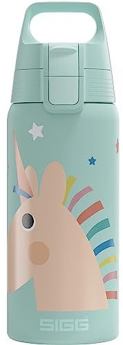 SIGG - Isolierte Trinkflasche Kinder - Shield Therm One Uni Stars - Kohlensäuregeeignet - Auslaufsicher - Spülmaschinenfest - BPA-frei - 90% recycelter Edelstahl - Aqua mit Einhorn - 0,5L