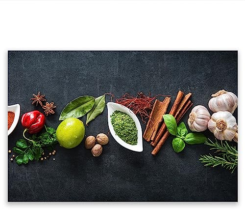 SMTDeco Herdabdeckplatte 80×52 cm – ESG gehärtetes Glas, kratzfest & rutschfest – Spritzschutz & Schneidebrett – für Induktion/Ceranfeld – 1-teilig, Motiv Kräuter Grau