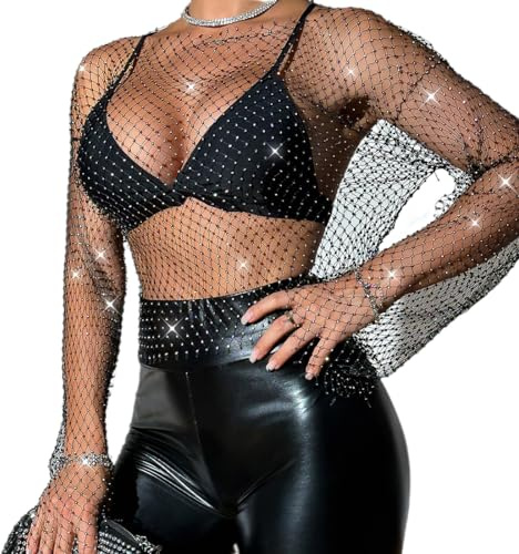 Odizli Netzoberteil Damen Sexy Langarm Durchsichtiges Transparent Netz Glitzer Strass Mesh Oberteil Netzshirt Festival Rave Techno Outfit Frauen Top Party Streetwear Hip Hop Kleidung Schwarz M