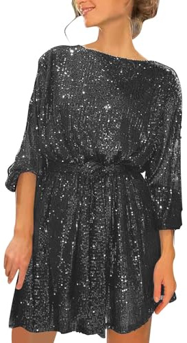 Glitzer Outfit Damen, Sexy Mollige Midi Schickes Kleid Paillettenkleid A-Linien Festlich Knielang Glitzer Kleid Glitzerkleid Langarm Curvy Elegant Große Größen Pailletten Kleid Partykleid