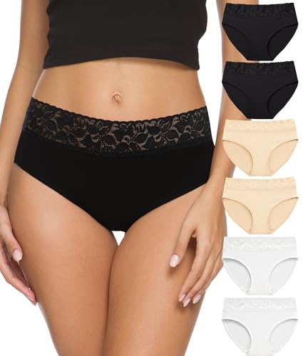 Culotte Femme Coton Slip Femme Dentelle Taille mi-Haute Confortable Respirante Elasticité Slips Lot de 6