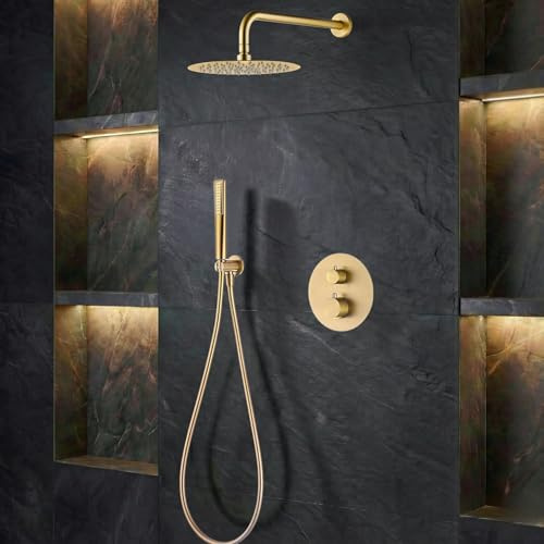 IMEX - Ducha Empotrada Termostática Dorada | Conjunto de Grifería Empotrado con Alcachofa y Rociador Antical Efecto Lluvia | Ducha Empotrada con Grifo en Latón y Acero Inox S.304 | Serie Nápoles