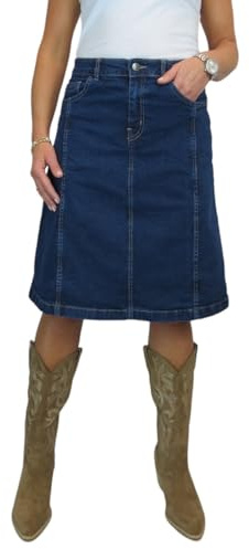 Paulo Due Women's A Line Denim Skirt Ladies Knee Length Flared Jeans Skirt Panelled Dark Blue Indigo 10-22 (20)