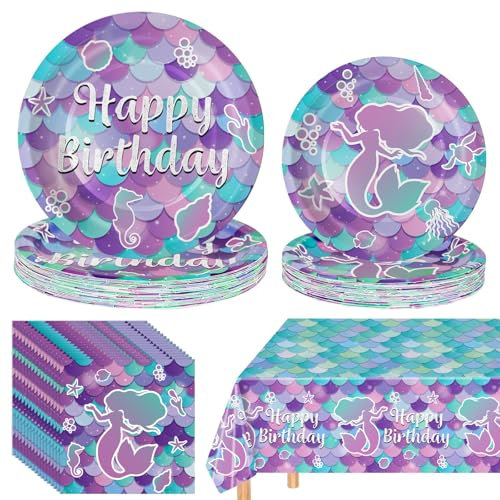 76 Pcs Mermaid Birthday Decorations - Mermaid Party Decorations Set Includes Plates, Napkins, Tablecloth, Mermaid Themed Birthday Tableware for Kids Girls Baby Shower Ocean Party Supplies, Serves 25