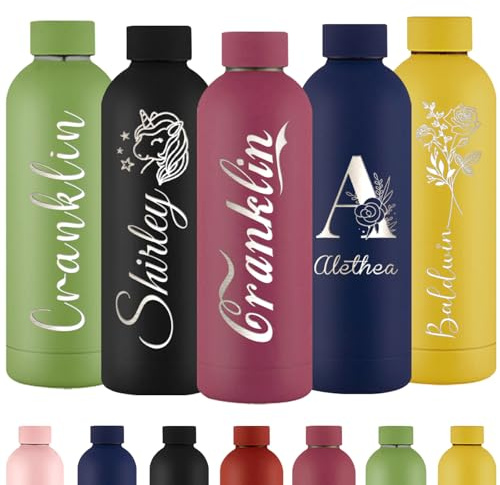Borraccia Personalizzata con Nome Borraccia Termica con Incisione Personalizzata Bottiglia d'Acqua Isolata in Acciaio Inox Da 500 ml per Scuola Ufficio Sport