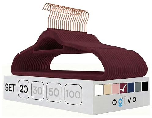 OGIVO Kleiderbügel Samt 20er Set (Burgunderrot) 360° drehbarer Haken | Hangers Clothes, Krawattenhalter, Schulterkerben, Hosenbügel, 360° drehbarer Haken, rutschfest