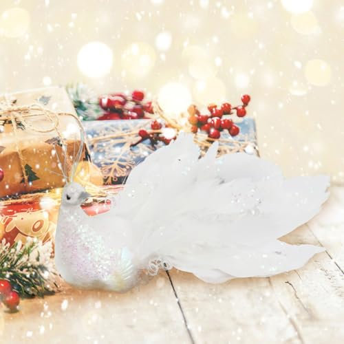 YLSZHYR Pfauen-Weihnachtsschmuck, Pfauen-Ornamente für Weihnachtsbaumschmuck, Weiße Pfauendekoration, Künstliche Pfauenvögel für Hochzeit, Zuhause, Tafelaufsätze Seitlich (2