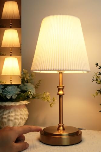 HSLighting Bedside Lamps, 12'' Touch Control Table Lamp Wired Night Light with Fabric Shade 3-Way Brightness Dimmable Retro Lamps Bedside for Christmas Bedroom Living Room Kid's Room Decor Gift, Gold