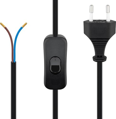 TECHZOCO Cable alimentación con Interruptor ON/Off Tipo C CEE7, Cable para lamparas, Cable alimentación mesilla, Enchufe Bipolar, Sección 0.75mm², HO3VVH2-F, Negro, 1.50 Metros