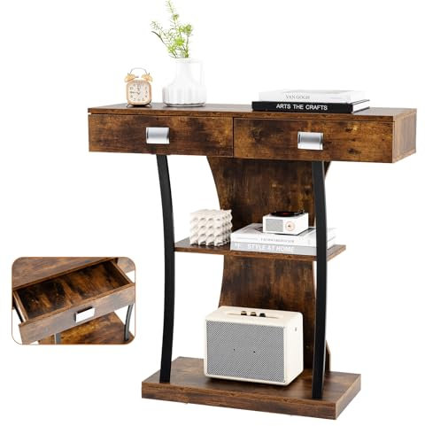 LIFEZEAL Konsolentisch Schmal, Flurtisch mit 3 Ebenen, Beistelltisch Holz mit Schublade, Sideboard Console Table für Eingang, Flur, Wohnzimmer, Rustikales Braun (Vintage Braun)