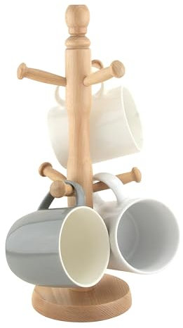 Wooden Mug Holder Tree for Kitchen | Mug Tree for Coffee & Tea Cups | Mug Stand Rack with 6 Hooks | Wooden Mug Organiser with Stable Base