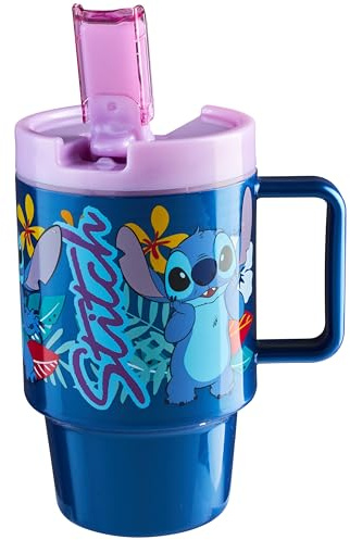 Get Trend Disney Stitch Gourde Enfant avec Paille et Anse 500ml, Bouteille Plastique Sans BPA, Gobelet Enfant Réutilisable Boissons Froides et Voyages (Bleu Stitch)
