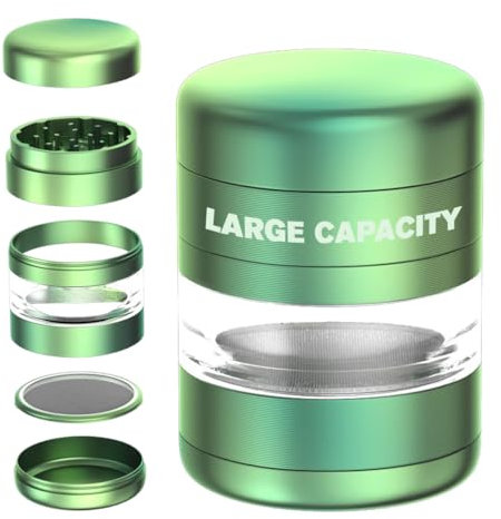 Grinder metal 5 partes con Capsula de Cristal de gran capacidad | Aluminio CNC Premium Anodizado de grado industrial | 54mm de diámetro | Molinillo para Especias y hierbas (Verde)