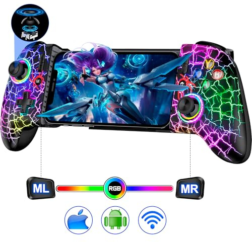 Mobiler Gaming-Controller, Smartphone-Controller für iPhone/Android-Handheld-Gaming mit programmierbaren/Hall-Effekt-Joysticks & analogen Triggern/anpassbarer Beleuchtung/Turbo