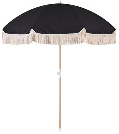 KXWOQ3ED 200 cm Tragbarer Strandschirm Sonnenschirm mit Fransen, UPF 50+ Boho Schwarzer Quasten Gartenschirm mit Tragetasche, Faltbarer Terrassenschirm