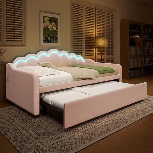 ANIROY Schlafsofa, Tagesbett mit Ausziehbarem Bett, Einzelbett/Doppelbett Daybett mit LED, 90x200cm(180x200cm), Rosa
