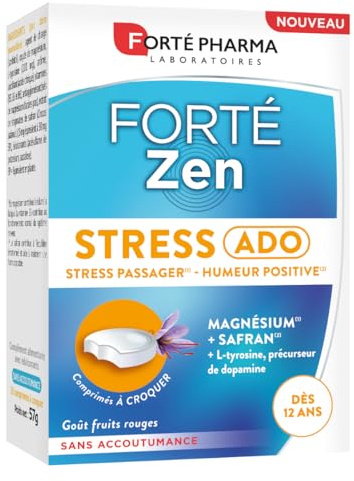 Forté Pharma - FortéZen Stress Ado, dès 12 ans - Stress passager, Humeur positive, Equilibre emotionnel - Magnesium, Vitamine B6, Safran, L-tyrosine - 20 comprimés à croquer, 1/jour