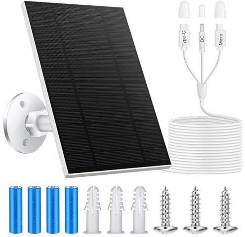 Panneau Solaire 5W avec Batterie 8000mAh pour Caméras de Sécurité, Support Ajustable à 360°, Câble 3M/9,84FT, Sortie 5V/1A avec Adaptateurs Type-C/Micro USB/DC, Étanche pour Ring, Blink, Tapo, TP-LINK