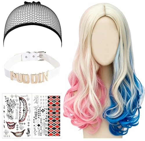 YOUYIKE Quinn peruk damer cosplay, lång vågig lockar peruk med hårnät läderhalsband klistermärken, blå/rosa dubbel svans peruk för karneval karneval halloween fest cosplay