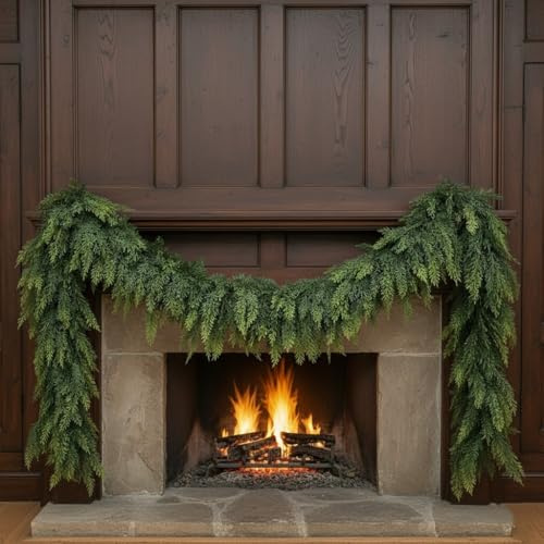 6FT Real Touch Cedar Christmas Garland – Extra Full Artificial Pine Greenery, Choose Density (45–162 Tips), Lush Green Garland for Fireplace, Staircase & Doorway Decor ((140) heads,9FT)