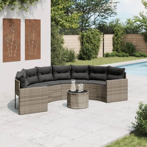 Frdhee Gartenmöbel, Loungesofa, Sonnenliege, Couch, Gartensofa mit Tisch und Kissen Halbrund Grau Poly Rattan Für Schwimmbadumgebung Ferienhäuser Terrasse