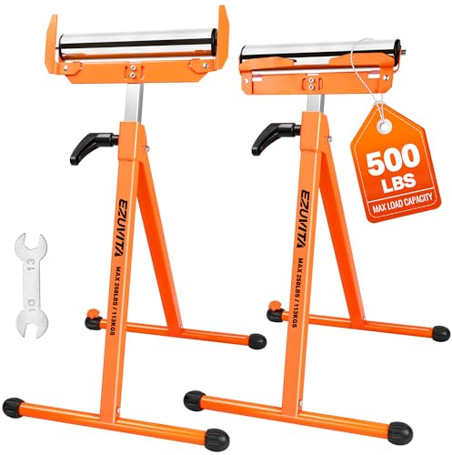 EZUVITA 2-Pack Folding Roller Stands, 250 LBS Load Capacity Per Stand, 28–43.5 Adjustable Height, Stable Support for Table Saw Outfeed & Woodworking