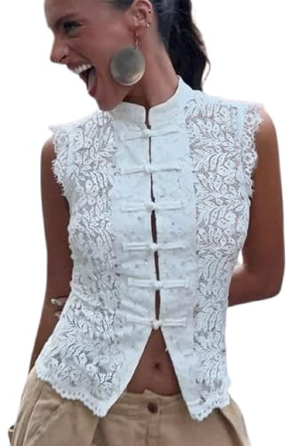 Camiseta de encaje con cuello mandarín para mujer, con botones, cuello alto, semitransparente, floral, sin mangas, estilo vintage
