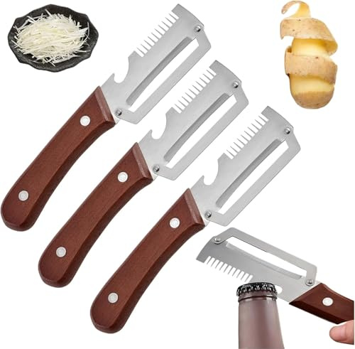 Pelapatate multifunzione per la cucina, in acciaio inox, pelapatate a julienne, con manico in legno, apribottiglie e cipolla, per sbucciare patate, frutta e verdura
