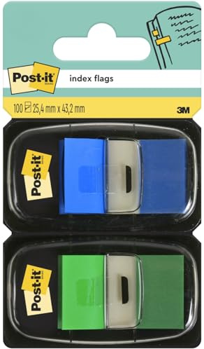 Post-it Index Haftstreifen, 100 Markierstreifen, Blau, Grün | Zum Markieren, Hervorheben und Farbcodieren Wichtiger Informationen - Haftet Sicher, Beschreibbar, mit Einhand-Spender