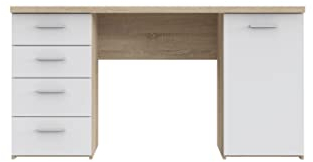 FORTE Net 106 Schreibtisch mit 4 Schubladen und 1 Tür, Holzwerkstoff, Sonoma Eiche + Weiß, 145 x 60 x 76.3 cm