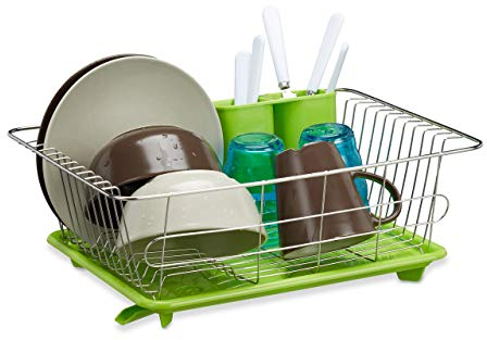 Relaxdays Escurreplatos con Escurridor Cubiertos, Bandeja y Salida Agua, Acero Inoxidable, 15,5x40x30 cm, Verde-Plateado, 15.5 x 40 x 30 cm