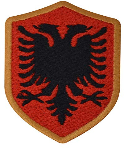 benobler FanShirts4u Aufnäher - ALBANIEN - Wappen - 7 x 5,6cm - Bestickt Flagge Patch Badge Fahne Albania (goldene Umrandung)