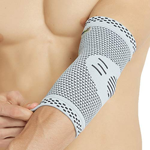 NEOtech Care Codera de compresión Tejido de punto 3D de fibra de bambú - Manga elástica y transpirable - Golf, tenis, deportes - Brazo derecho o izquierdo (Gris, Talla XL, 1 Unidad)