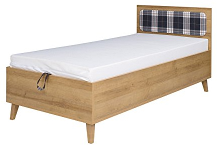 Kinderbett Memone TM10, Jugendbett mit bettkasten und Lattenrost, Bett für Jugendzimmer, Funktionsbett 90x200 cm, Komfortbett, Kinderzimmer (Eiche Gold + Lobox 05)