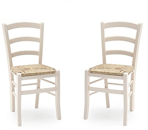 Liberoshopping Chaises Venezia en Bois Massif coloré avec Assise en Paille Set 2 (Blanc)