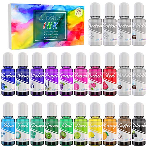 Alcohol Ink Set - 24 Flaschen Alkohol Tinte zur Epoxidharz Malerei, Petrischalen Herstellung - 18 Farben und 6 weiße Farbstoffe für Epoxy Harz Kunst, Becher Herstellung, Malen, Untersetzer - je 10ml