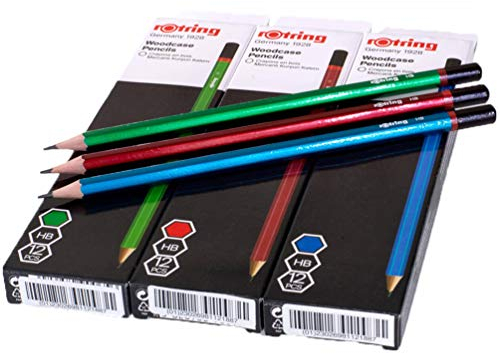 Rotring HB-Bleistifte für Schreiben, Zeichnen und Skizzieren, inklusive rotem, grünem und blauem Schaft, 36 Stück