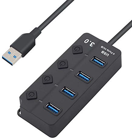 Hub 4 Ports USB 3.0 pour Mac et PC avec Alimentation Individuelle Multi-Prises Adaptateur Rallonge (Noir)